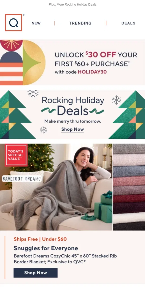 Email from QVC. Barefoot Dreams Blanket + Get $30 Off