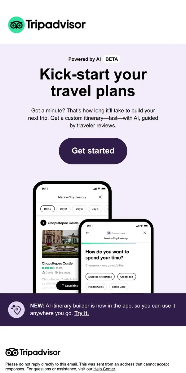 Email from Tripadvisor. Try our new AI itinerary builder