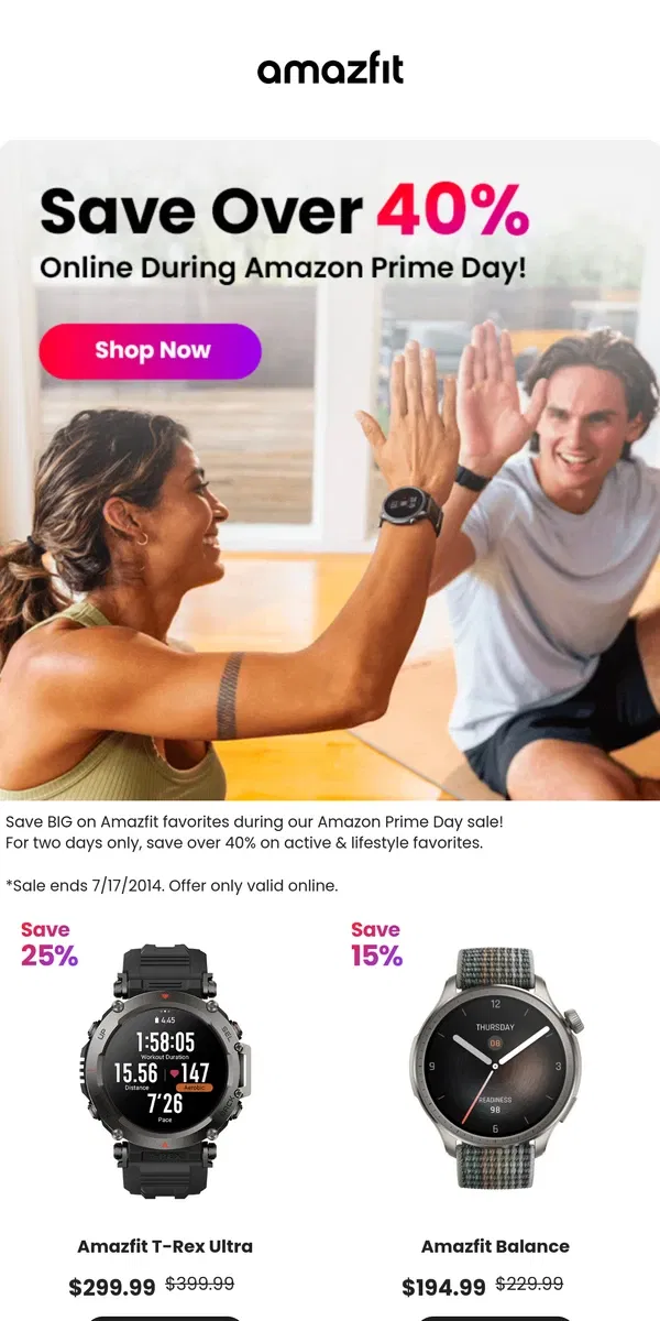 Email from Amazfit. Save over 40% on Select Smartwatches This Prime Day!