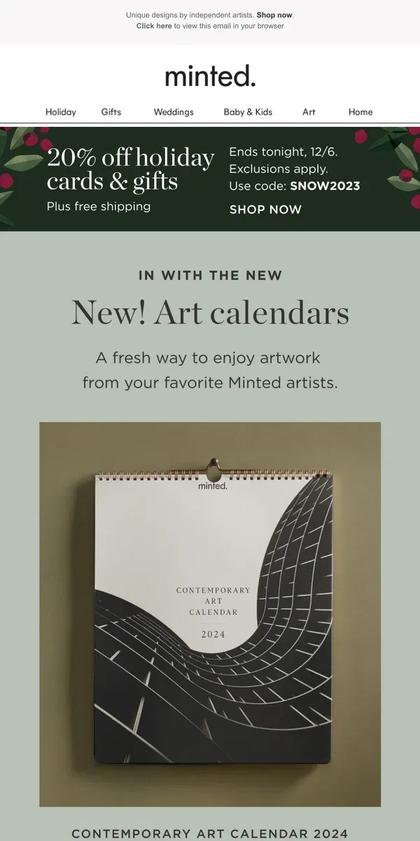 Email from Minted. New! 2024 art calendars