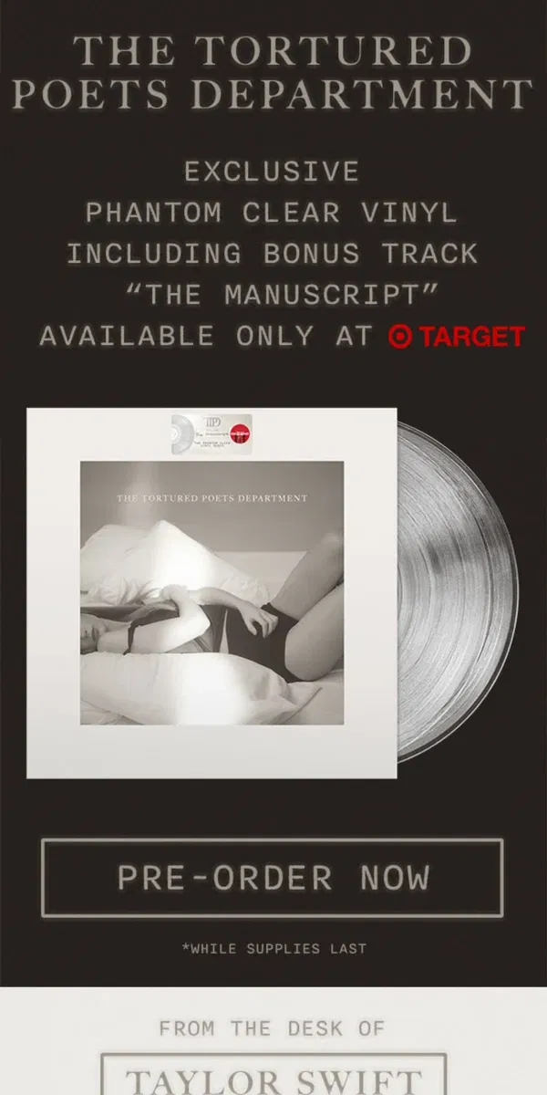 Email from Taylor Swift. Phantom Clear Vinyl available only at Target