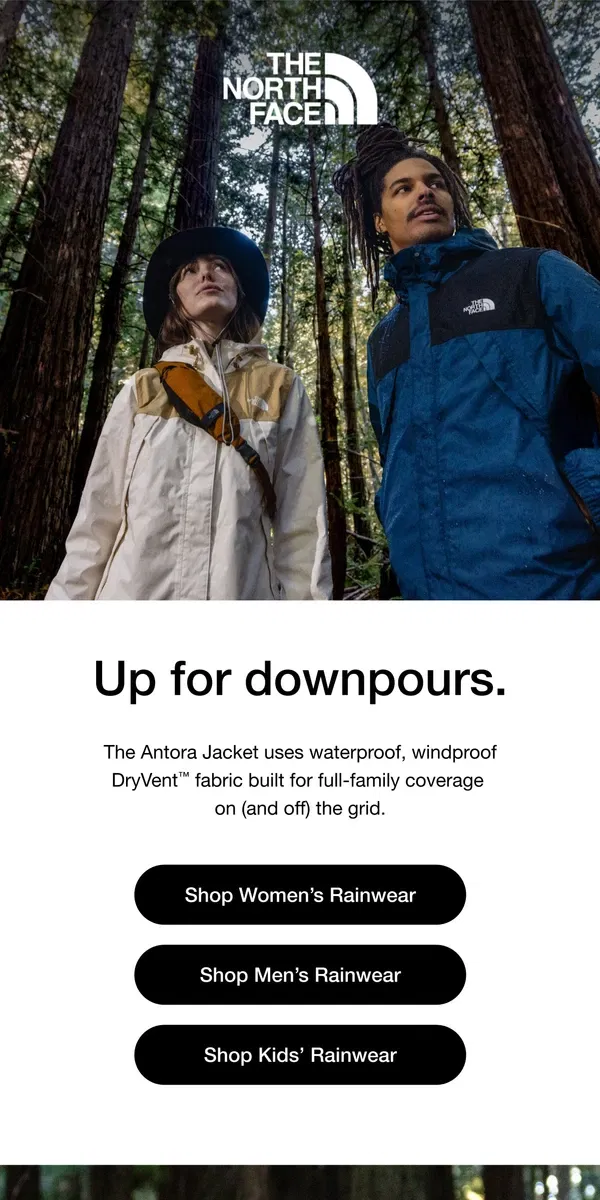 Email from The North Face. Antora: The official jacket of rainy days.