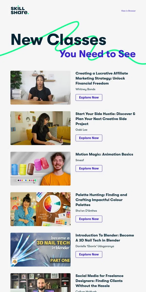 Email from Skillshare. What will you pick: Side hustles, animation, or color palettes?