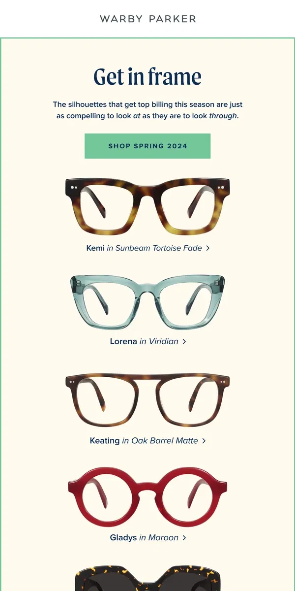 Email from Warby Parker. Screen-worthy styles for spring