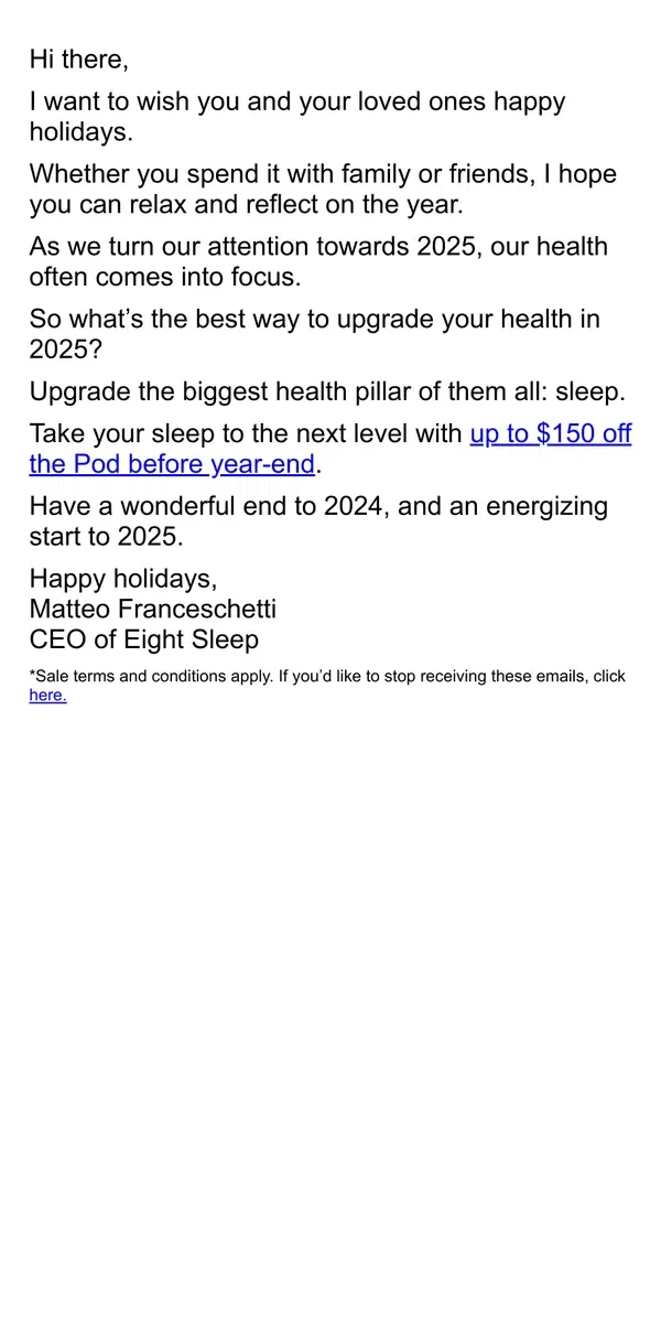 Email from Eight Sleep. Happy holidays