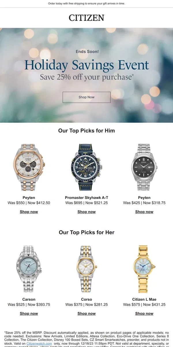 Email from Citizen Watch. Last Call! Save 25% Off Sustainably-Powered Timepieces