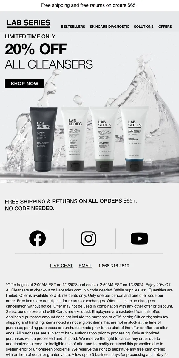 Email from Lab Series. Ends Soon! 20% Off All Cleansers