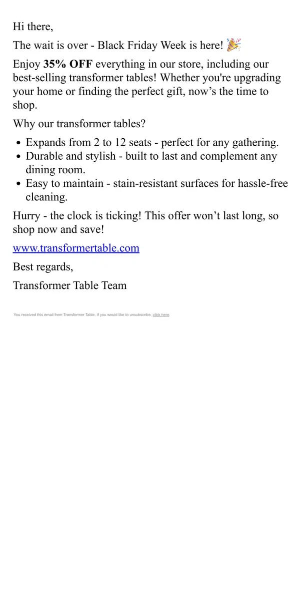 Email from Transformer Table. Grab 35% OFF Your Favorite Transformer Table Now!