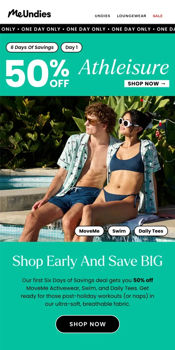 Email from MeUndies. 50% Off for Six Days of Savings