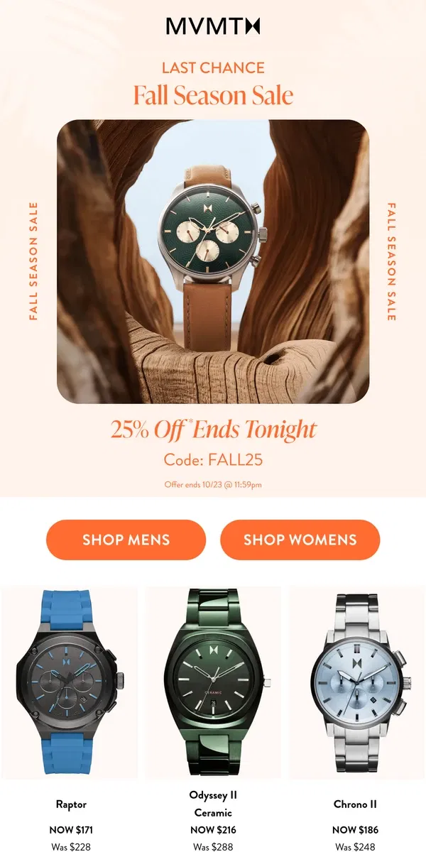 Email from MVMT. 25% Off Ends Tonight!