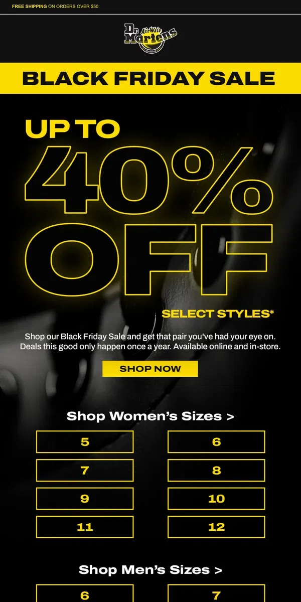 Email from Dr. Martens. Shop sale styles by size