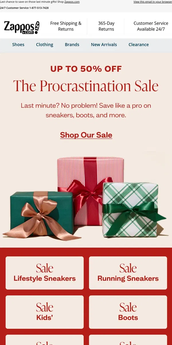 Email from Zappos. Procrastination Sale: Up to 50% Off Ends Tomorrow 😱