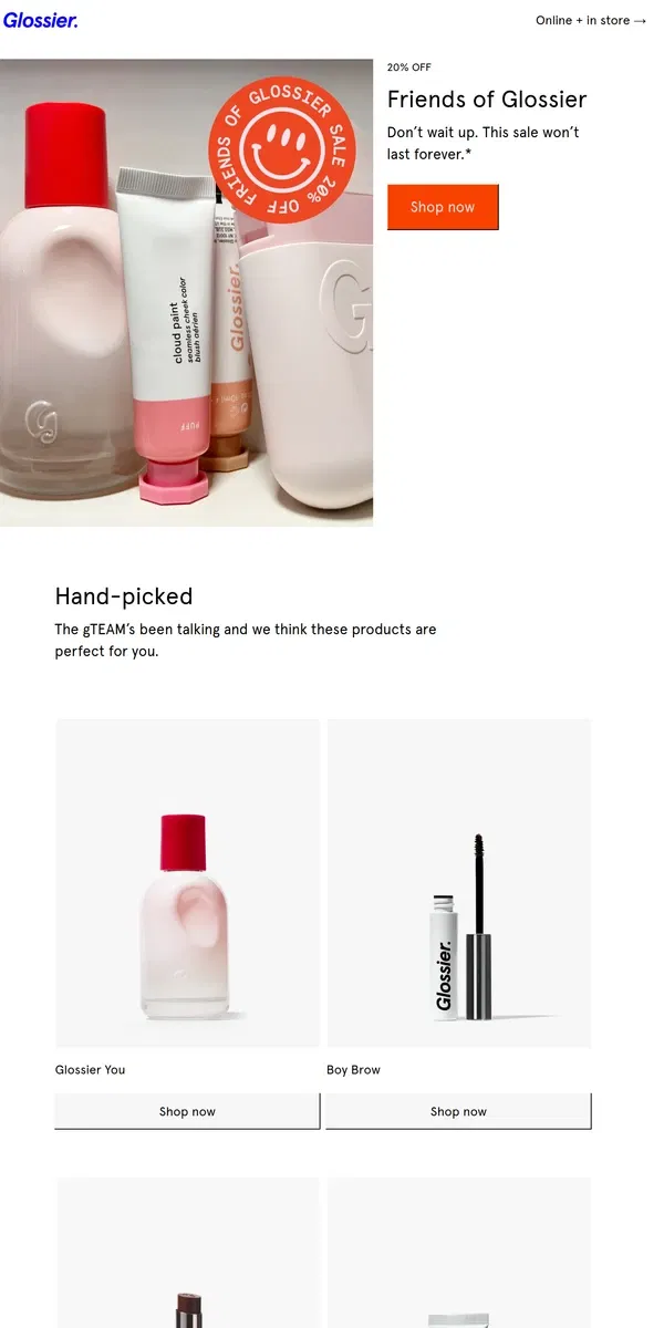 Email from Glossier. ATTN! Get 20% off your order