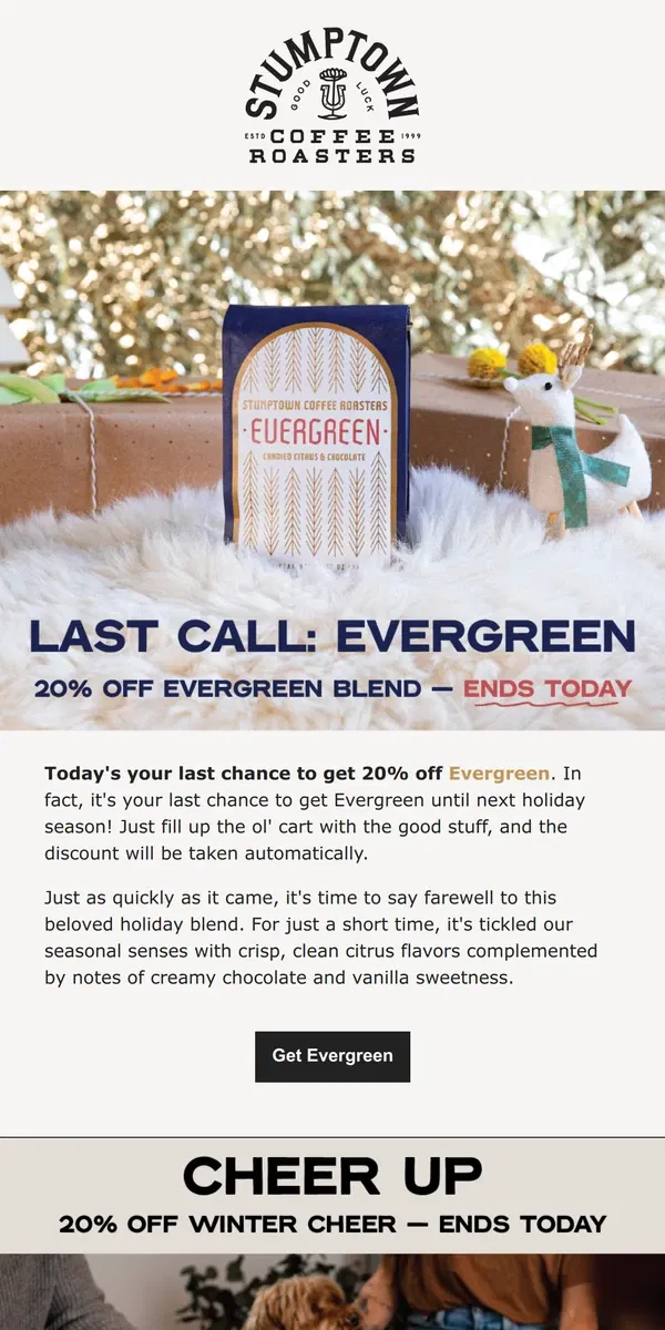 Email from Stumptown Coffee Roasters. Last chance for 20% off