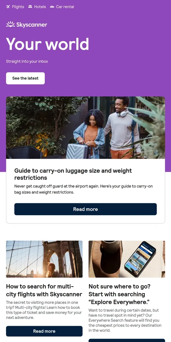 Email from Skyscanner. Guide to carry-on luggage size and weight restrictions