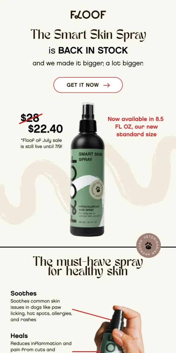 Email from Floof. 🎉 Back in Stock: Smart Skin Spray Now in Bigger Size + 20% Off!