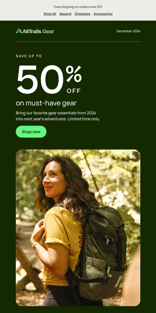 Email from AllTrails. Limited time: Up to 50% off our best gear