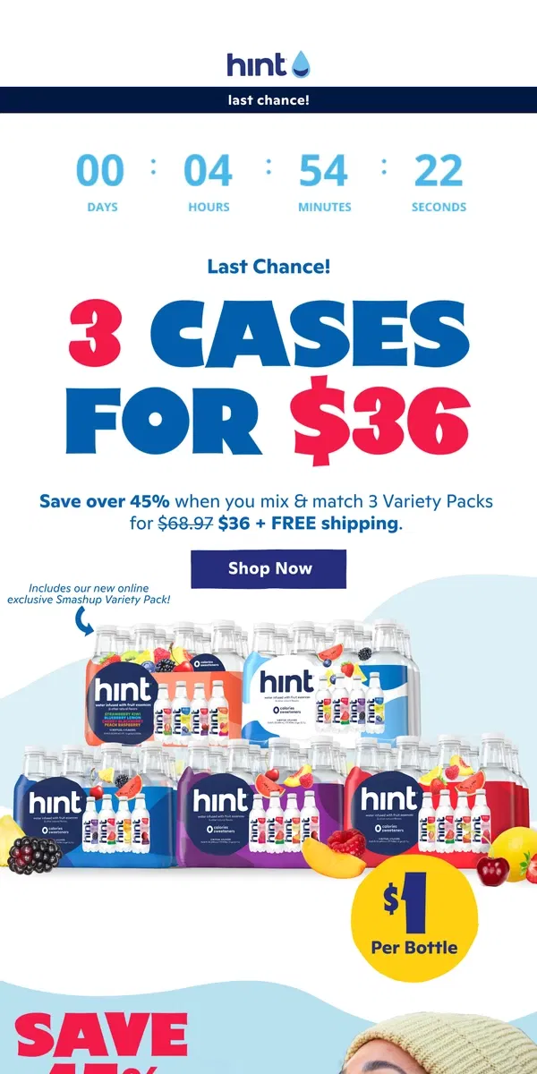 Email from Hint Water. Last call: 45% off Variety Packs