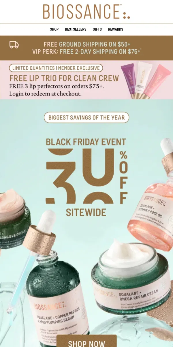 Email from Biossance. FEW HRS LEFT ⏰ Free lip trio + 30% off!