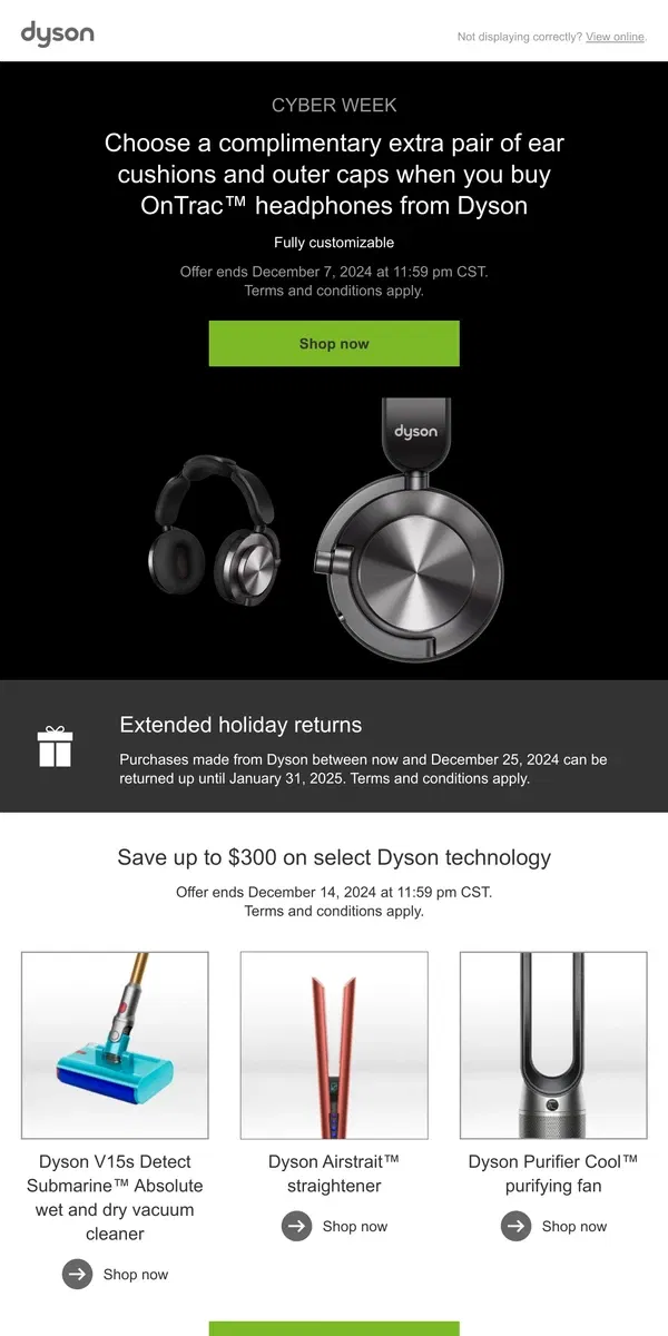 Email from Dyson. Limited time offer. Complimentary gifts with purchase of the Dyson OnTrac™ headphones.