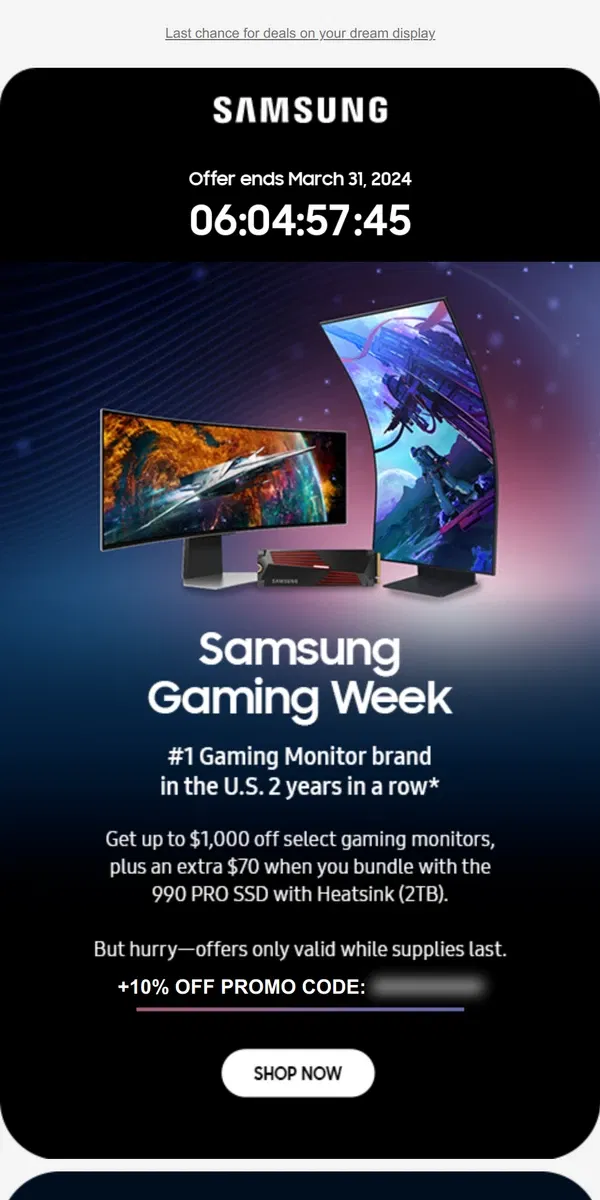 Email from Samsung. [Name], don't lag—snag 4K Gaming Monitors for up to $1,000 off