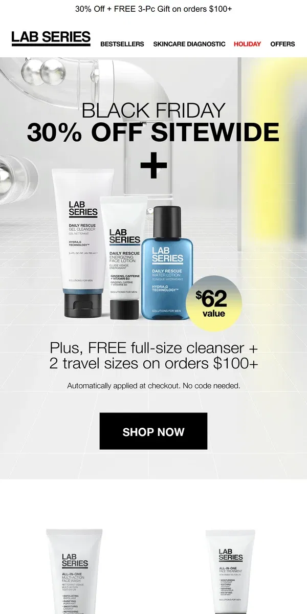 Email from Lab Series. BLACK FRIDAY: 30% Off Sitewide + FREE Full-Size Cleanser!