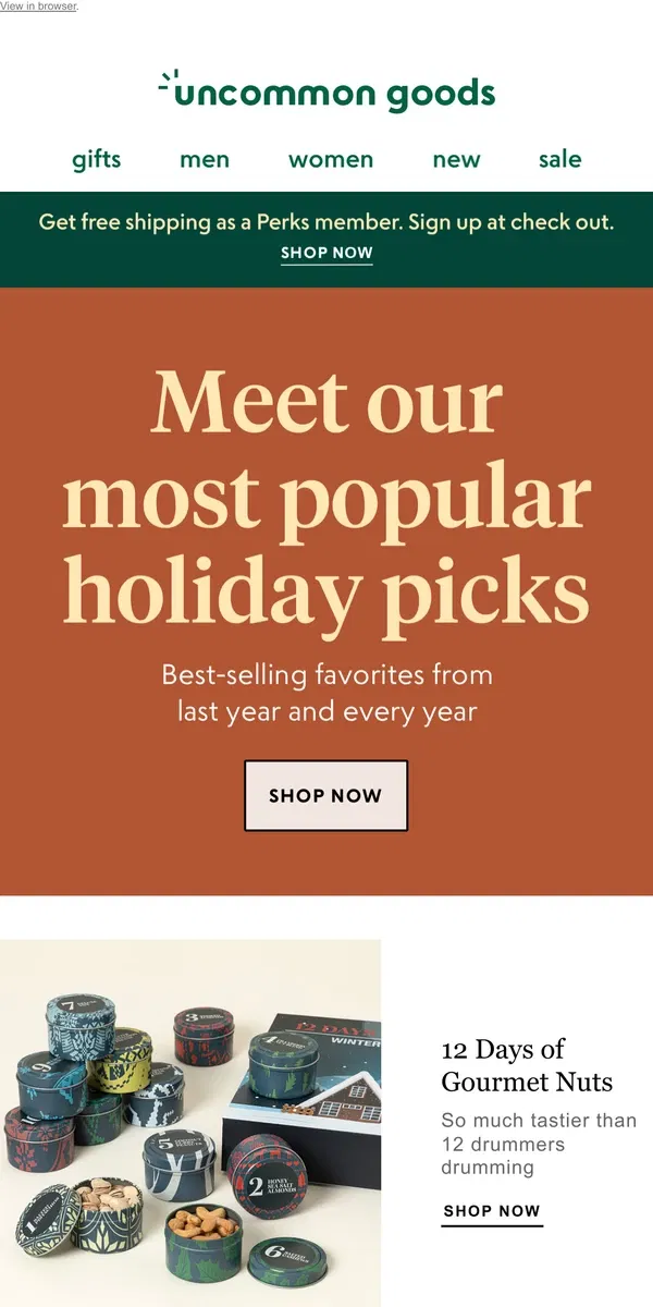 Email from Uncommon Goods. Meet our most popular holiday picks