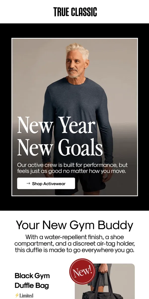 Email from True Classic. New year, new activewear