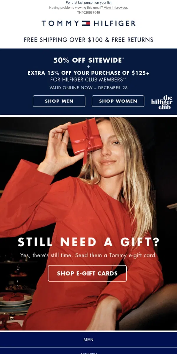 Email from Tommy Hilfiger. Our e-gift card always arrives on time