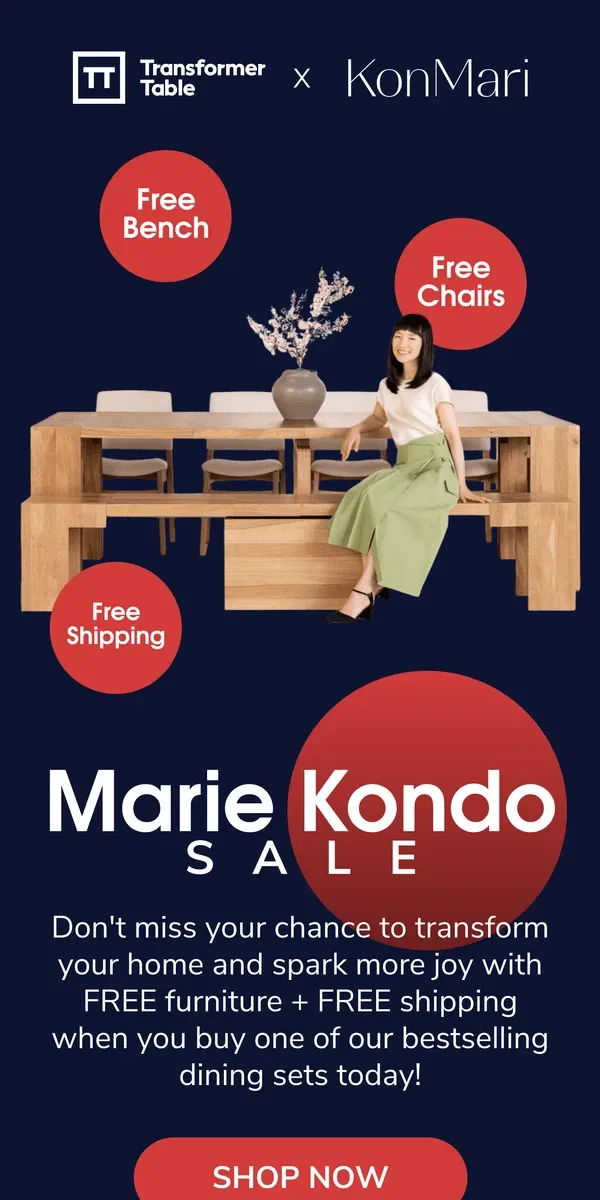 Email from Transformer Table. Marie Kondo X Transformer Table Sale Ends Tomorrow!