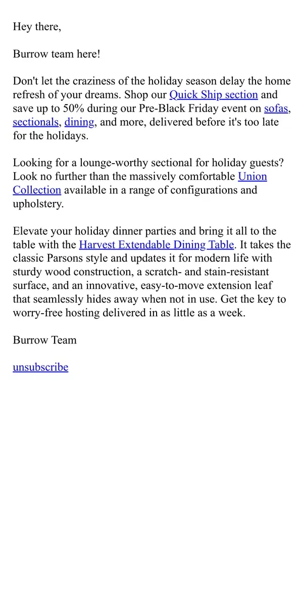 Email from Burrow. Your home refresh, in as little as a week