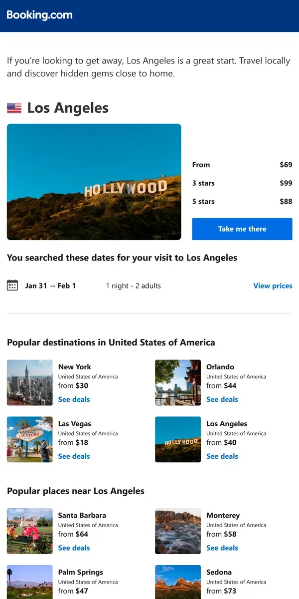 Email from Booking.com. Deals in Los Angeles from $69 for February