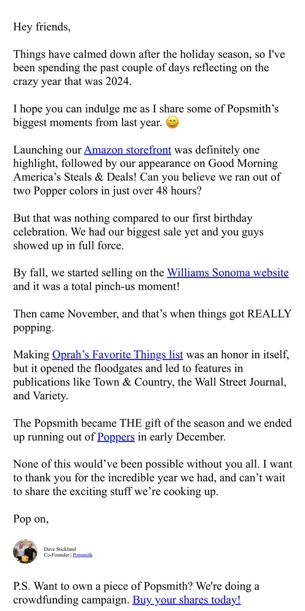 Email from Popsmith. Our biggest year yet (thanks to you!)