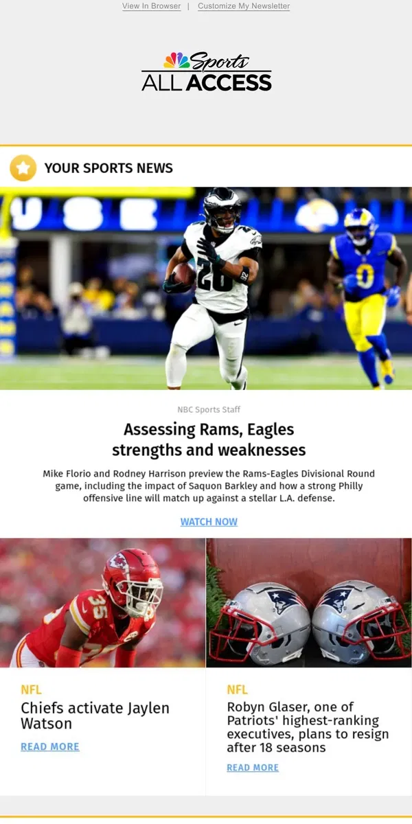 Email from NBC Sports. Assessing Rams, Eagles strengths and weaknesses