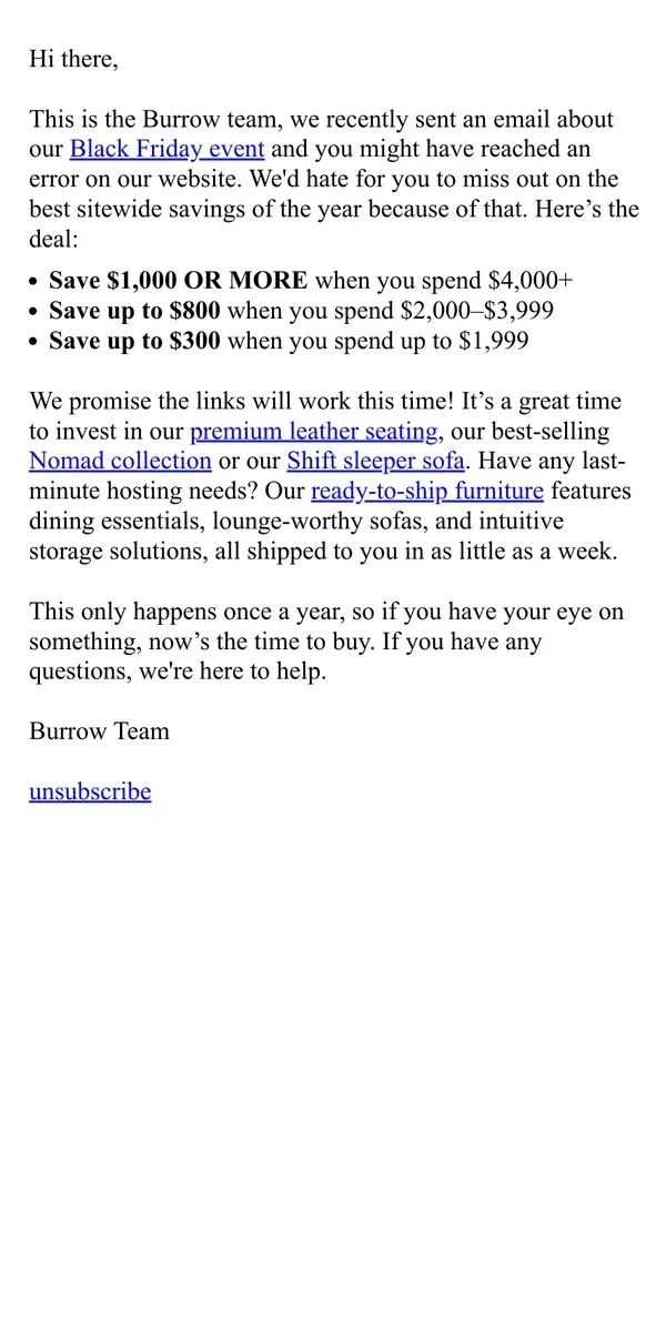 Email from Burrow. Don't miss out on the best sitewide savings of the year