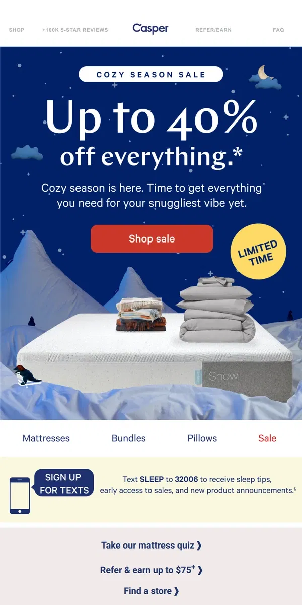 Email from Casper. Save up to 40% during our Cozy Season Sale.