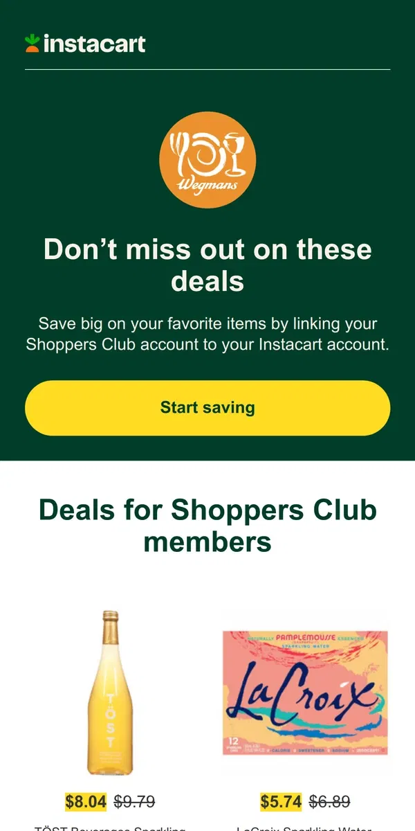 Email from Instacart. Save more by linking your  Shoppers Club account