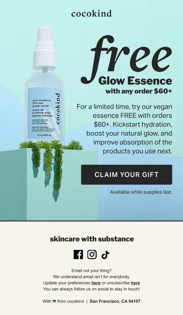 Email from cocokind. FREE Glow Essence