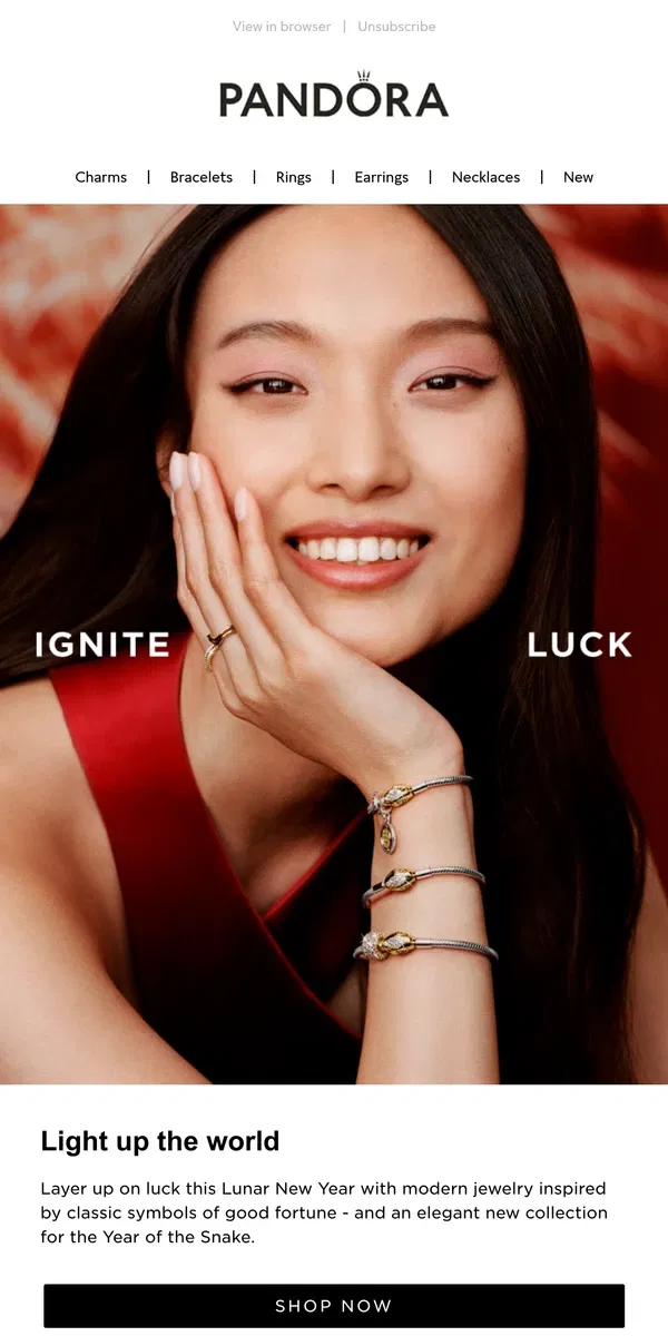 Email from Pandora Jewelry. Planning your Lunar New Year look? 🐍🧧✨