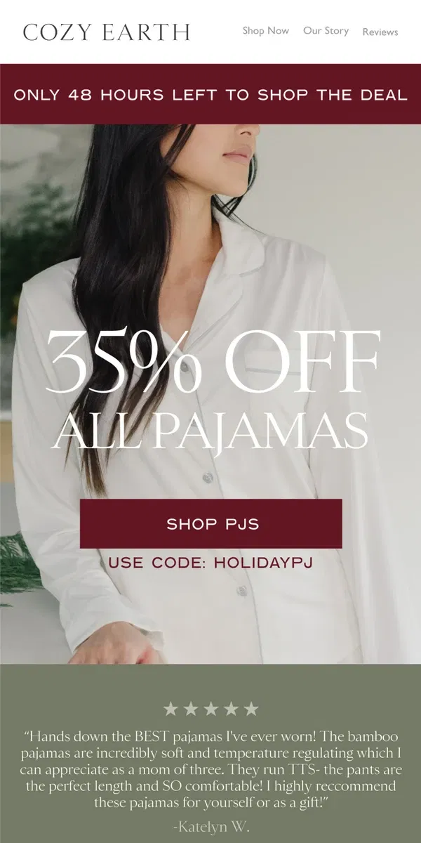 Email from Cozy Earth. 35% off ALL pajamas is ending soon! ⏰