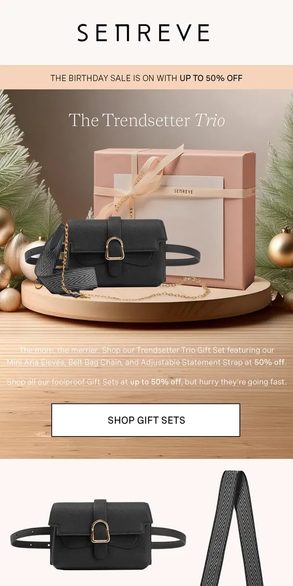 Email from Senreve. Mini Aria Élevée: Holiday Edition