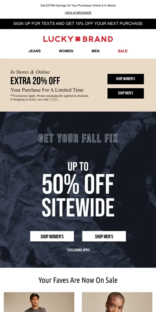 Email from Lucky Brand. Up To 50% Off + EXTRA 20% OFF This Weekend Only