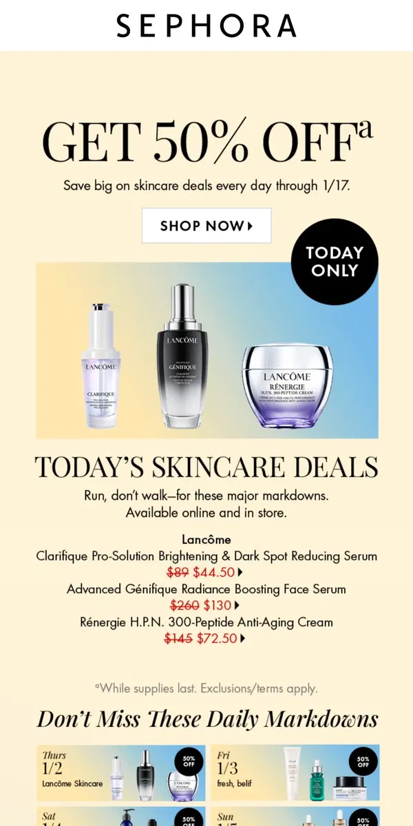 Email from Sephora. Get 50% off top skincare