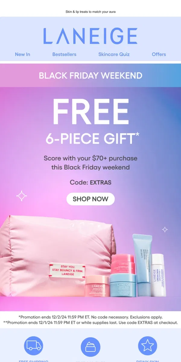 Email from LANEIGE. Ends Soon: Black Friday Gift Set w/ $70+ Order