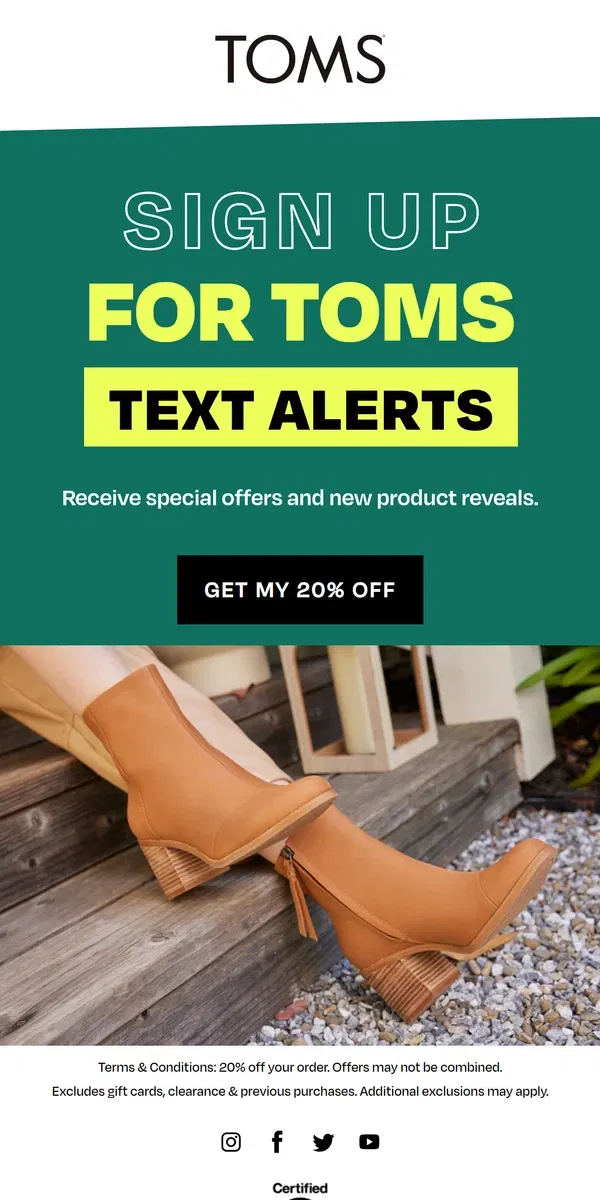 Email from TOMS. Get 20% Off When You Sign Up for SMS