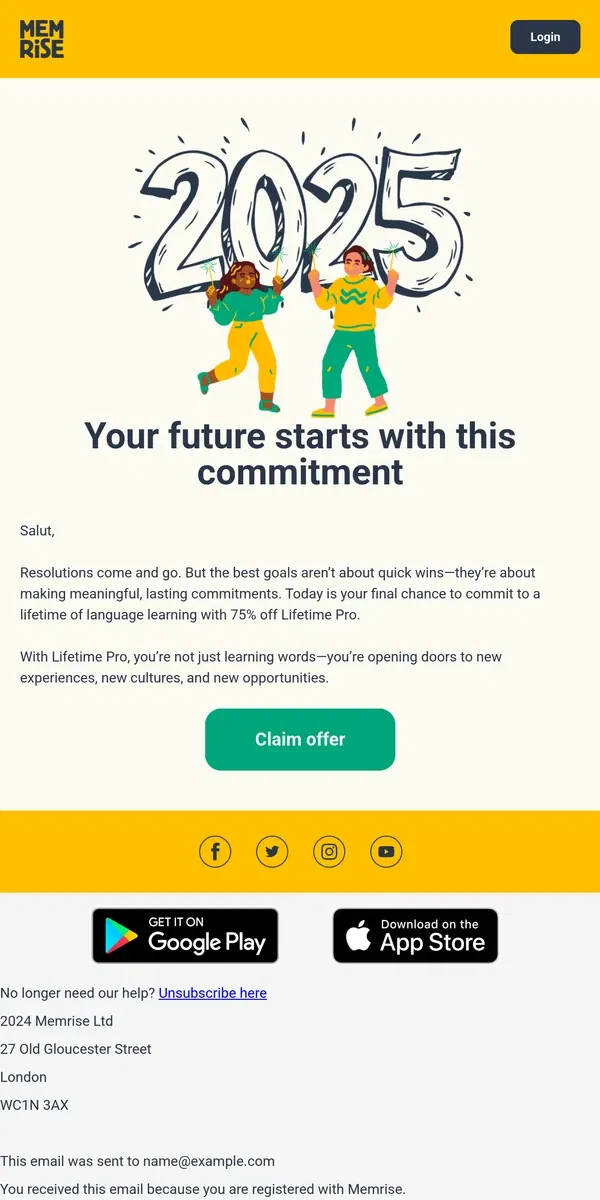 Email from Memrise. Not a resolution. A lifetime commitment. 75% off ends soon!