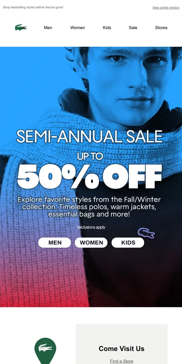 Email from Lacoste. Up to 50% Off: Semi-Annual Sale is Here