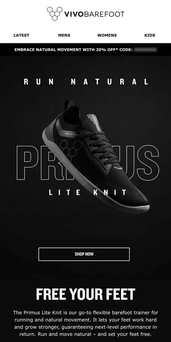 Email from Vivobarefoot. Free your feet in the Primus Lite Knit