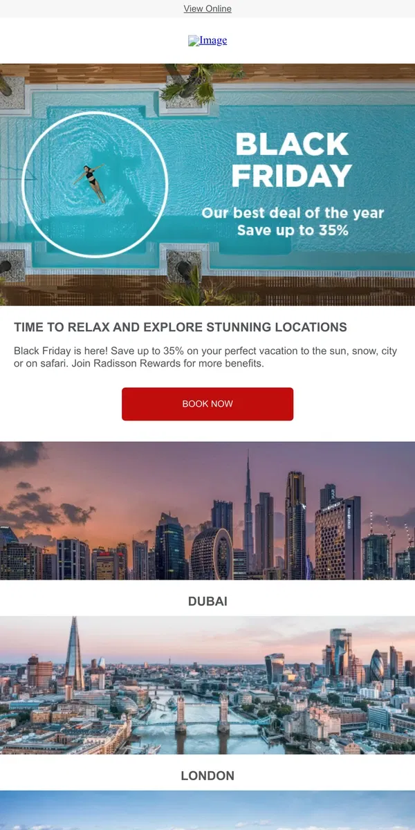 Email from Radisson Hotels. Happy Black Friday! Enjoy up to 35% off