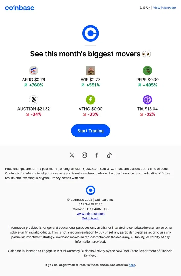 Email from Coinbase. [Name], have you seen this month's top movers? 👀